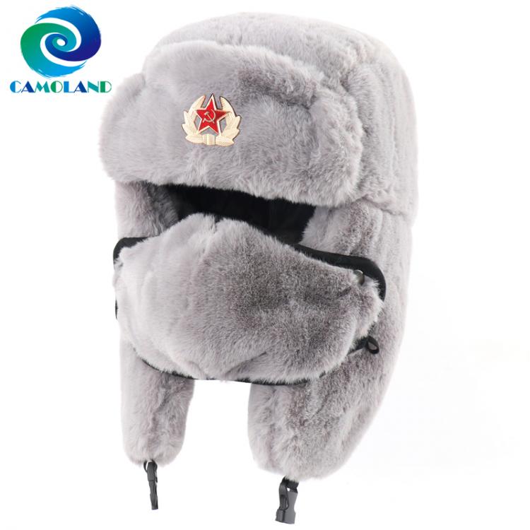 all in one place אביזרי גברים CAMOLAND Winter Thermal Faux Rabbit Fur Bomber Hats Women Men Soviet Army Military Badge Russia Hat Face Neck Earflap Snow Caps
