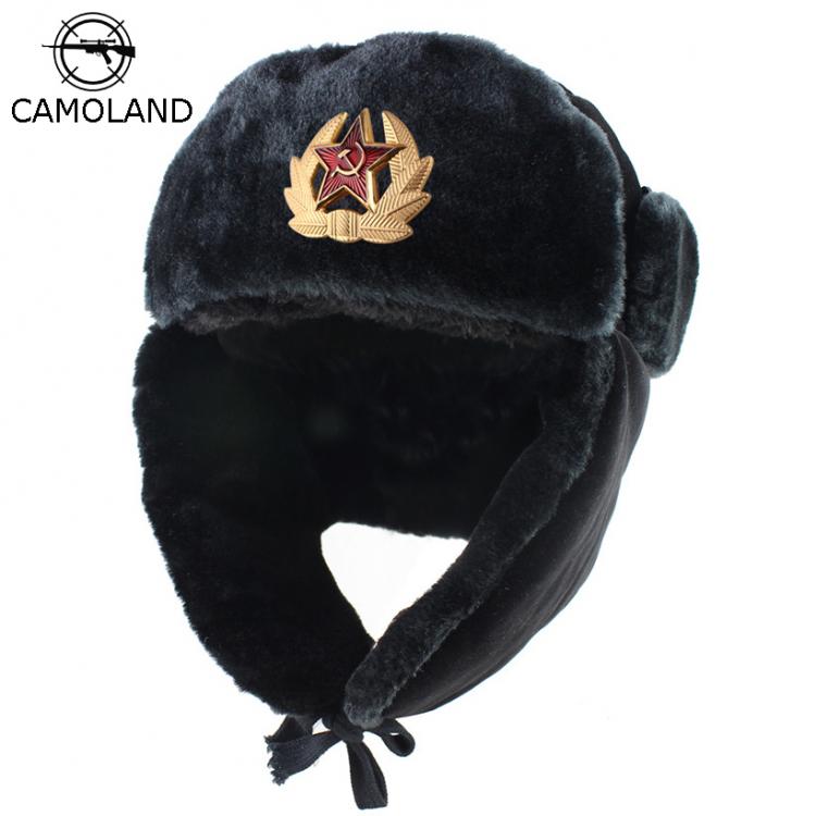 all in one place אביזרי גברים Soviet Army Military Badge Russia Ushanka Bomber Hats Pilot Trapper trooper Hat Winter Faux Rabbit Fur Earflap Men Snow Caps