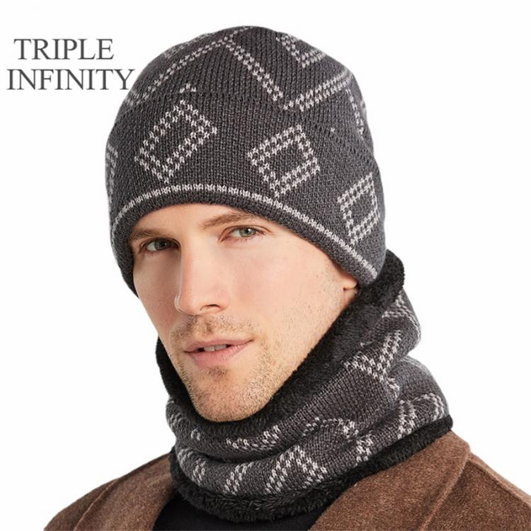 all in one place אביזרי גברים TRIPLE INFINITY Fashion Men's Winter Hat Thick Square Pattern Male Cap Outdoor Windproof Soft Warm Knitted Hats For Men Beani