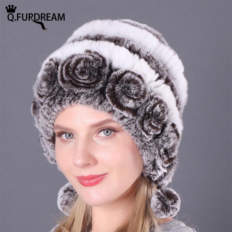 all in one place אביזרי גברים Q.FURDREAM New Woman Natural Rex Rabbit Fur Hat Rose Pattern Hair Ball Wire Fabric Lining Multiple Color Options Winter Warm