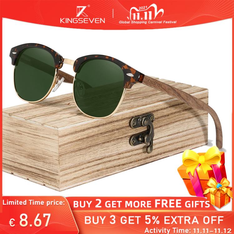 all in one place אביזרי גברים KINGSEVEN Retro Fashion Style Handmade Black Walnut Wooden Sunglasses Men Women 100%Polarized UV400  Lens Semi-Rimless Eyewear