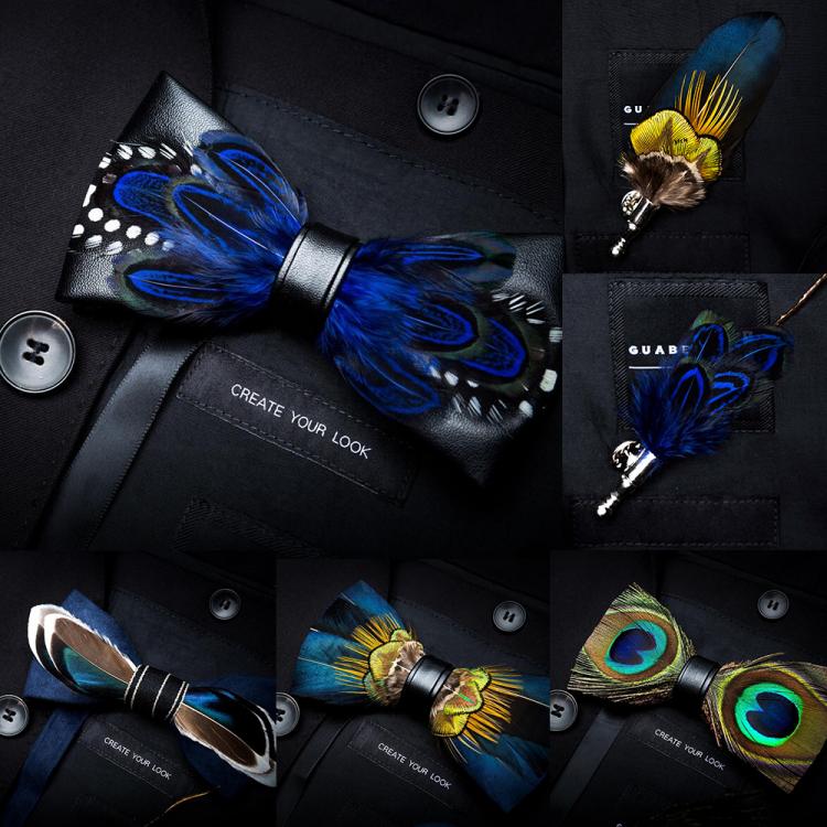 all in one place אביזרי גברים GUSLESON Novelty Handmade Mens Leather and Feather Bow Tie Brooch Pre-tied Bowtie For Wedding Party With Gift Box