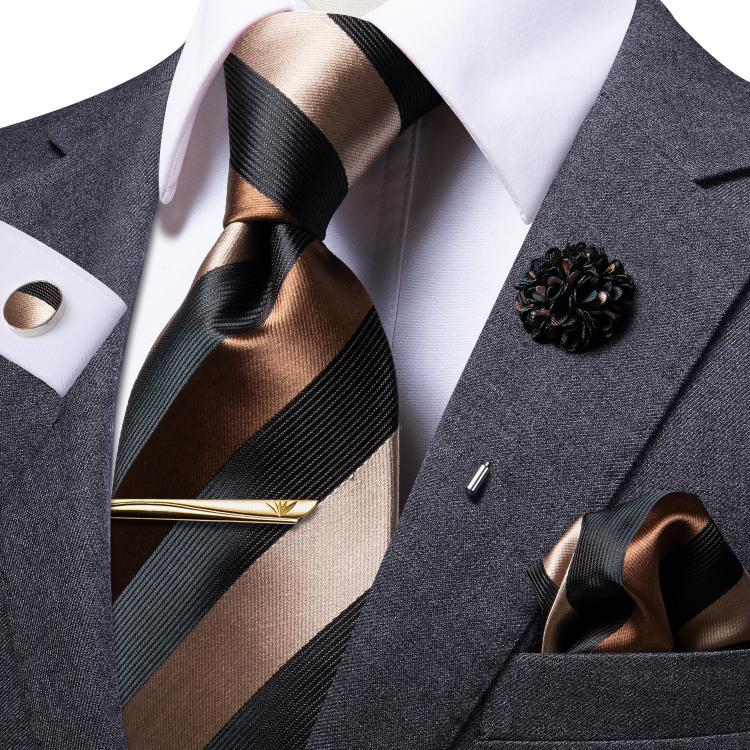 all in one place אביזרי גברים Hi-Tie Business Brown Striped Tie For Men Black Silk Men's Tie Clip Gift For Men Luxury Necktie Hanky Cufflinks Set Formal Dr