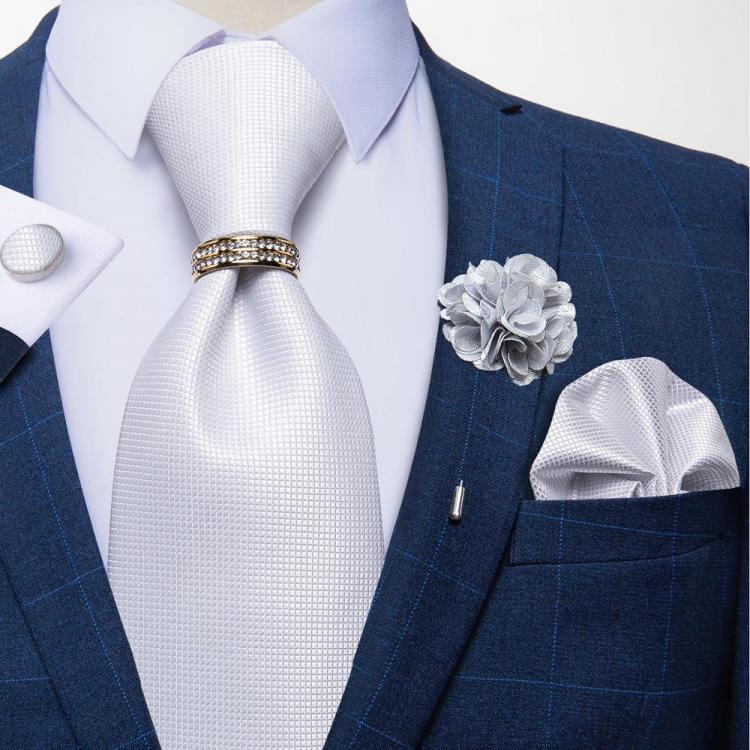 all in one place אביזרי גברים 8cm Men Silk Tie White Solid Necktie Men's Formal Wedding Party Ties Cufflinks Hanky Flower Brooch Set Men Gift Corbatas DiBa