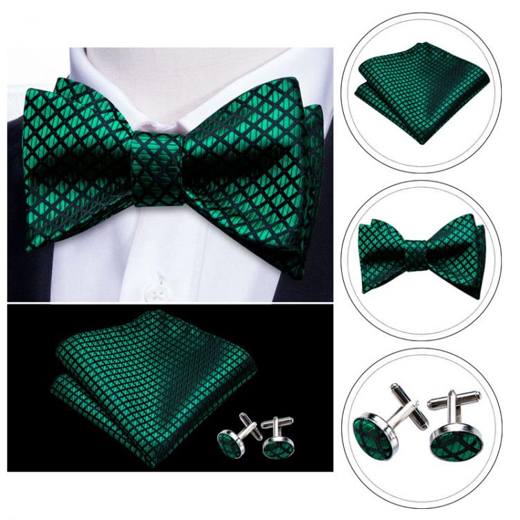 all in one place אביזרי גברים Bowtie for Men Solid Green Bow Tie Plaid Silk Bowtie Set Handkerchief Cufflinks Checked Bows Self-Tied Tie Barry.Wang Wholesale