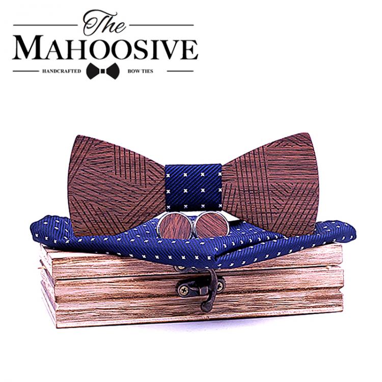 all in one place אביזרי גברים Men's Plaid Wooden Bow Tie Set Striped Wood Bowtie Handkerchief Cufflinks Sets With Wood Box For Men Wedding Gift