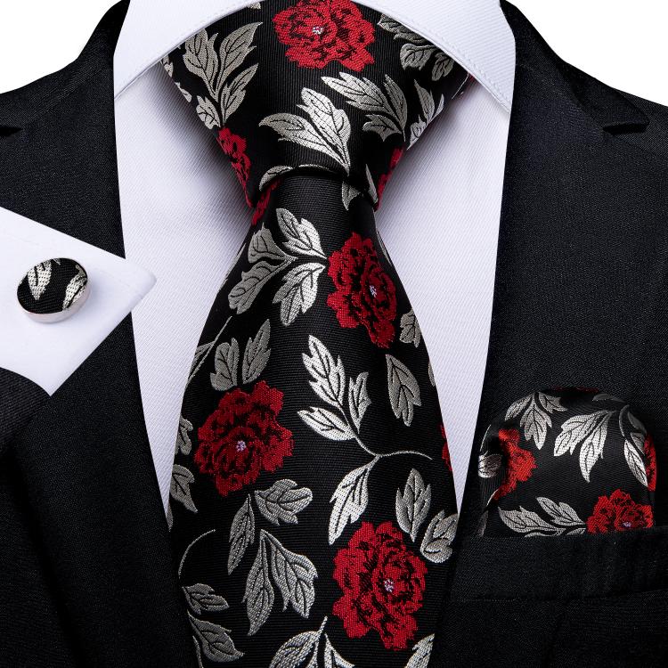 all in one place אביזרי גברים Black Red Reose Floral Ties For Men 8cm Men's Silk Neck Tie Handkerchief Cufflinks Set Business Wedding Tie Gift For Men DiBa