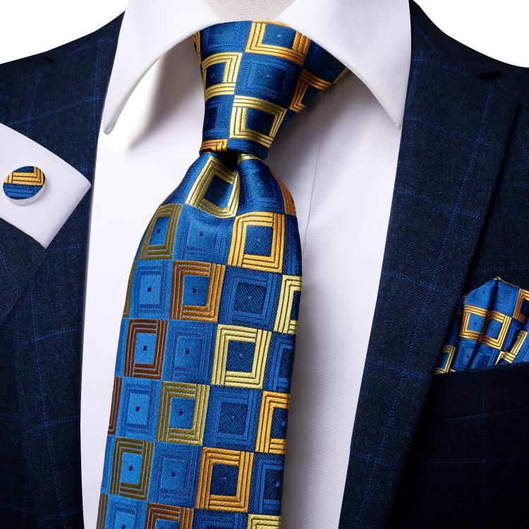 all in one place אביזרי גברים Hi-Tie New Yellow Blue Plaid Men's Tie Set Luxury Silk 8.5cm Large Necktie For Men Fashion Hanky Cufflinks Set Wedding Qualit