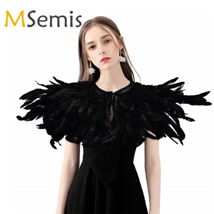 all in one place אביזרי גברים Fashion Iridescent Rooster Hackle Natural Feather Collar Cape Stole Shawl Collar Shrug Cape feather shawl with Ribbon Ties Party