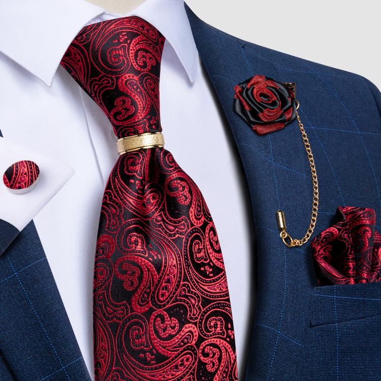 all in one place אביזרי גברים Luxry Tie Red Paisley Black Men's Ties Wedding Accessories Neck Tie Handkerchief Cufflinks Lapel Pin Gift For Men DiBanGu