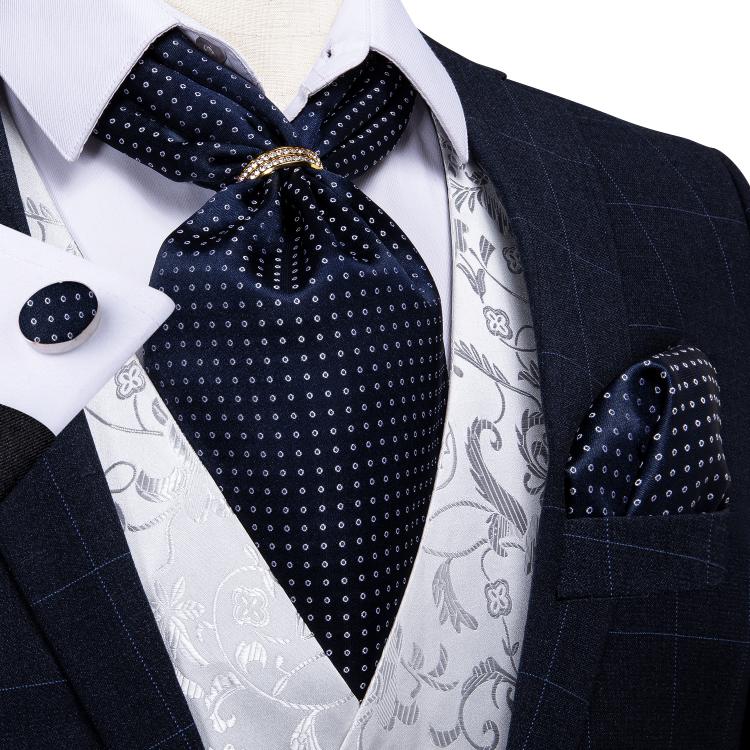 all in one place אביזרי גברים New Design Men Silk Cravat Navy Dot Formal Ascot Tie Handkerchief Set With Ring Wedding Formal Self Tie Necktie DiBanGu