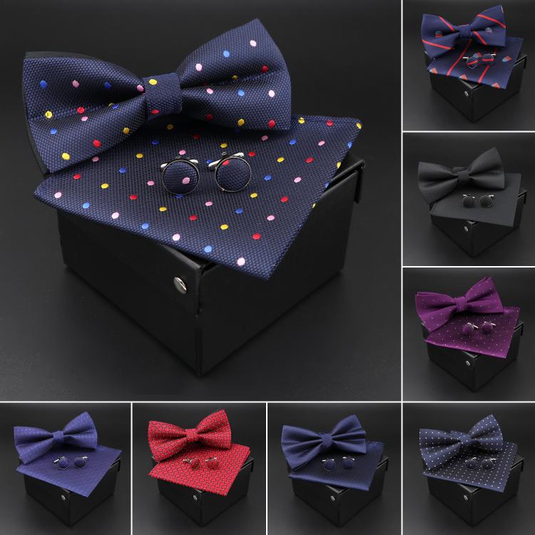 all in one place אביזרי גברים Solid Polyester Dots Bowtie Handkerchief Cufflinks Set Men Fashion Butterfly Party Wedding Bowties Without Box Novelty Ties Gift