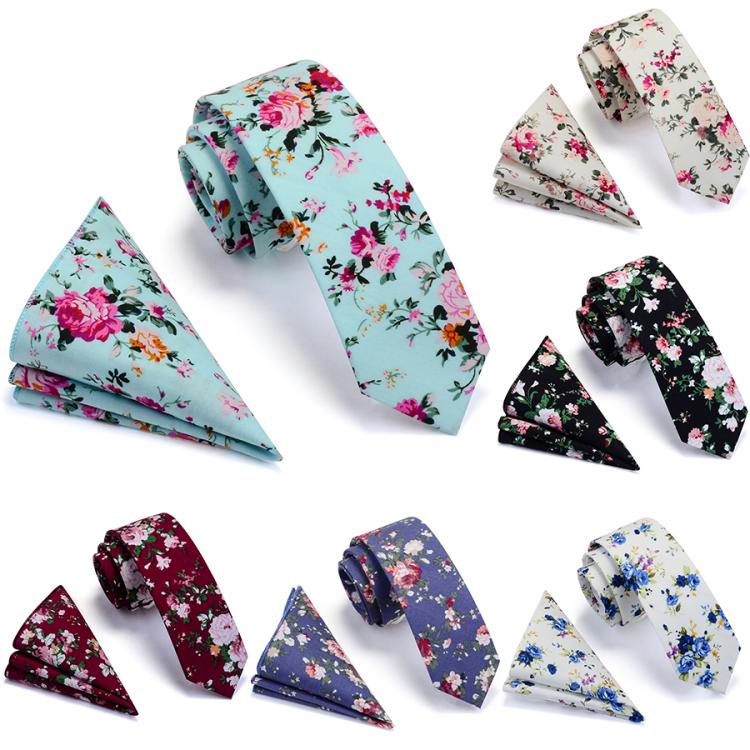 all in one place אביזרי גברים Ricnais 100% Cotton 6cm Slim Pocket Square Necktie Set Red Bule Floral Print Handkerchief Ties Set For Men Party Skinny Neck Tie