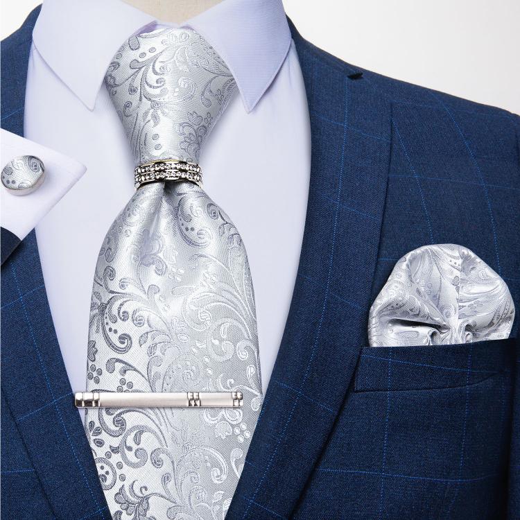 all in one place אביזרי גברים New Fashion Men's Ties Silver Floral 8cm Silk Neck Tie Business Wedding Party Gravata Ting Ring Clip Cravat Gift For Men DiBa