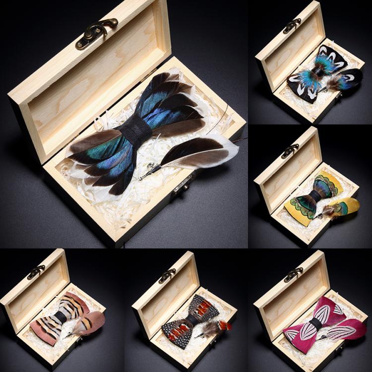 all in one place אביזרי גברים Ricnais Original Birds Feather Bow Tie Natural Hand Made Bowtie Brooch Wood Gift Box Set For Men Business Wedding Accessories