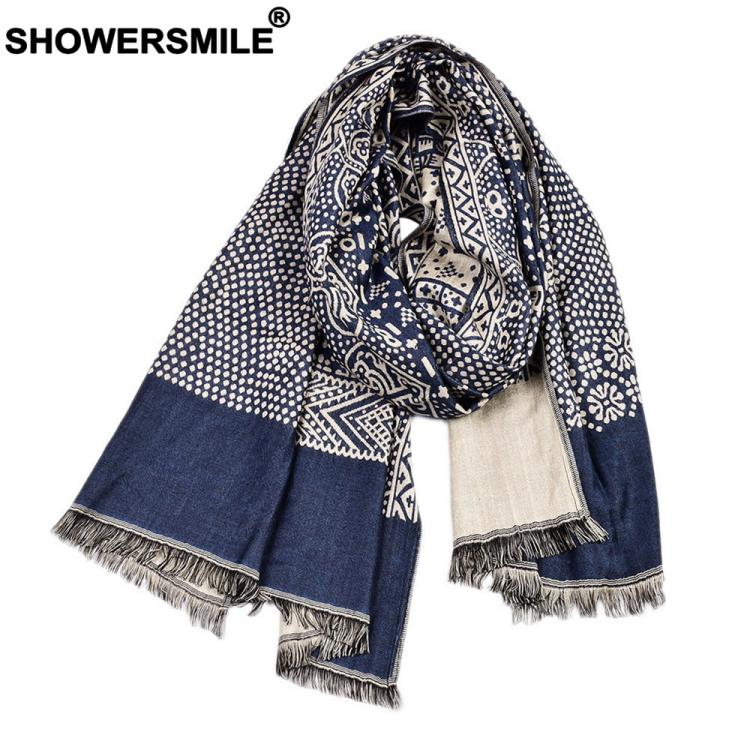 all in one place אביזרי גברים SHOWERSMILE Winter Scarf Men Ethnic Style Male Scarves Navy Cotton Linen Knitted Tassel Men Scarf 195cm*65cm