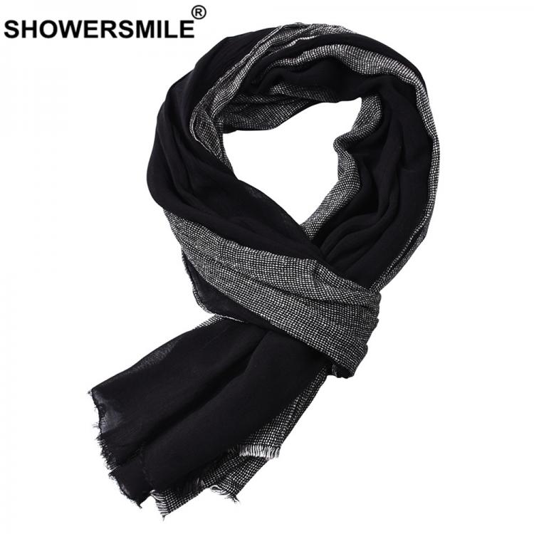 all in one place אביזרי גברים SHOWERSMILE Black Cotton Linen Scarf Men Long Patchwork Scarf for Men Tassel Winter Mens Scarves Fashion Men's Accessories