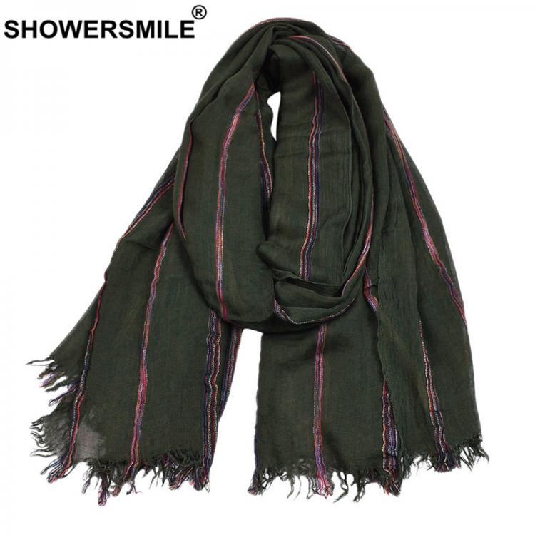 all in one place אביזרי גברים SHOWERSMILE Cotton Linen Men Scarf Winter Army Green Striped Tassel Scarf Men Fashion Ethnic Style Male Accessories