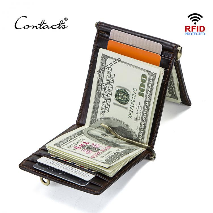 all in one place אביזרי גברים CONTACT'S Crazy Horse cowhide leather RFID money clip slim card wallet trifold male cash clamp man cash holder zip coin pocke