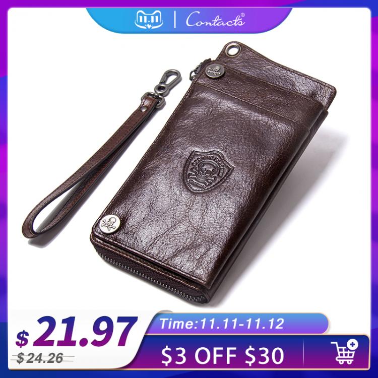 all in one place אביזרי גברים CONTACT'S Men's Wallet Genuine Leather Clutch Man Walet Brand Luxury Male Purse Long Wallets Zip Coin Purse  6.5" P