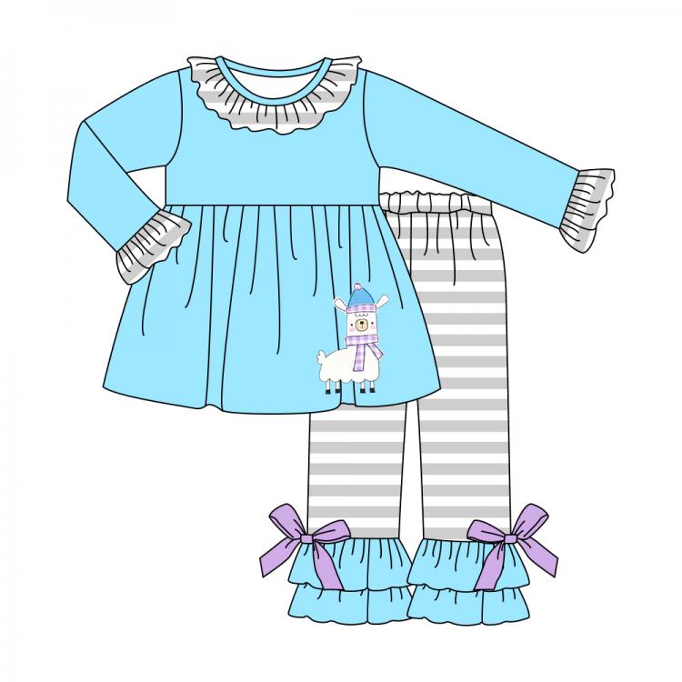 all in one place ילדים ותינוקות Autumn Girls Clothes Blue Long Sleeve Top And Grey Striped Trousers Blue Hat Purple Scarf Camel Embroidery Pattern Girl Outfits