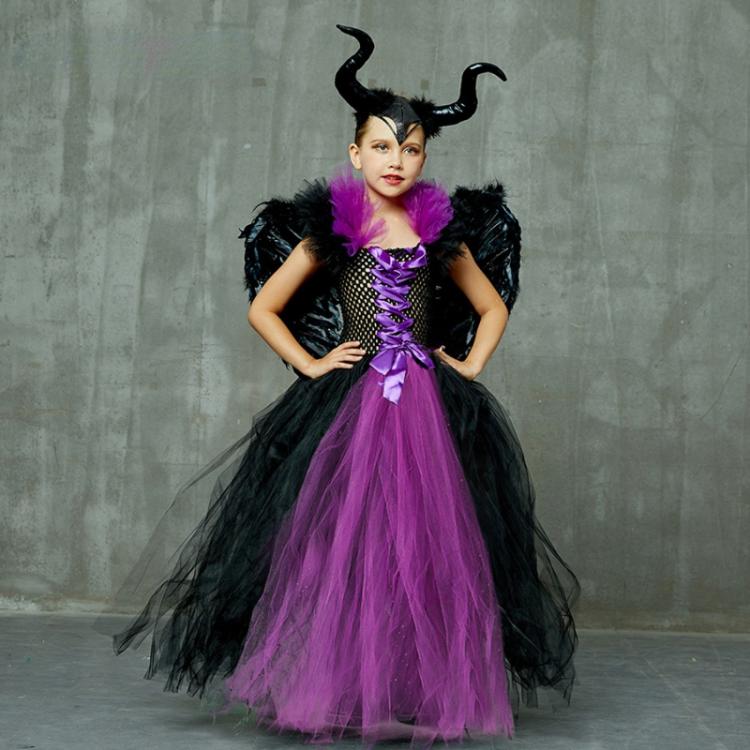 all in one place ילדים ותינוקות Evil Queen Dress for Children Sleeveless Halloween Costume for Kids Girls Lace Tutu Dress with Horns Wings Halloween Cosplay