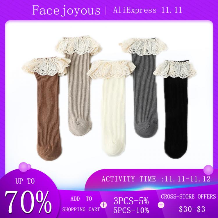 all in one place ילדים ותינוקות Spring New 5 Pairs Per Lot Girls Cotton Knitted Socks With Lace Flower Girl Knee Length Straight Socks No Heel 5 Colors 0-8 Year