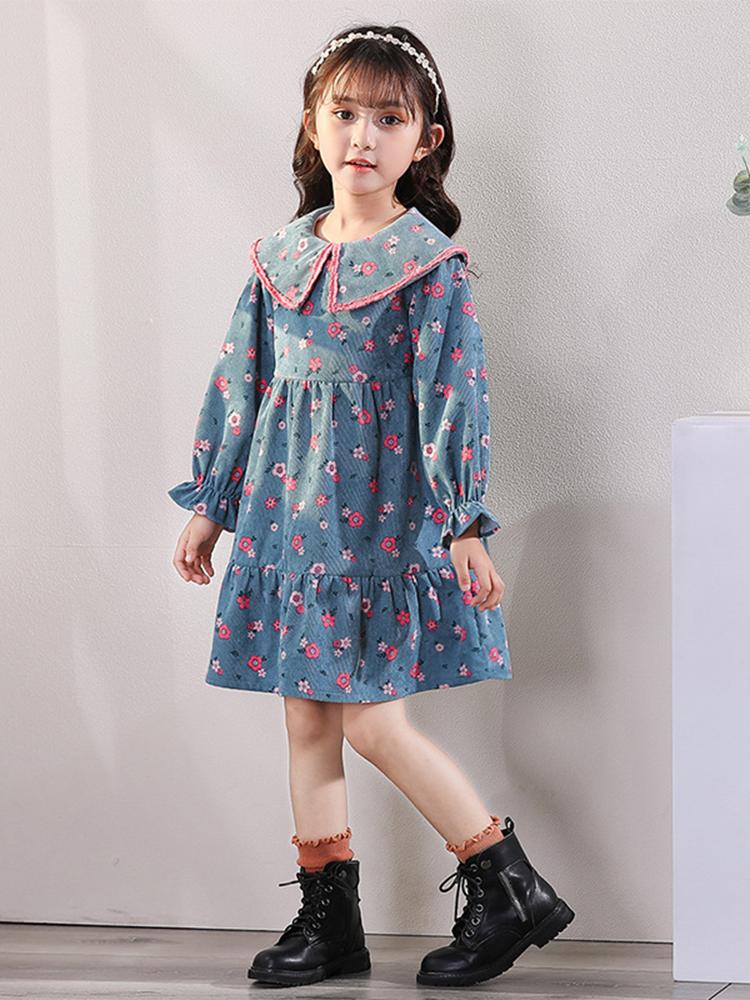 all in one place ילדים ותינוקות Spring and autumn girls' floral patchwork dress Lotus Leaf Lapel trumpet sleeve children's Pastoral baby princess skirt