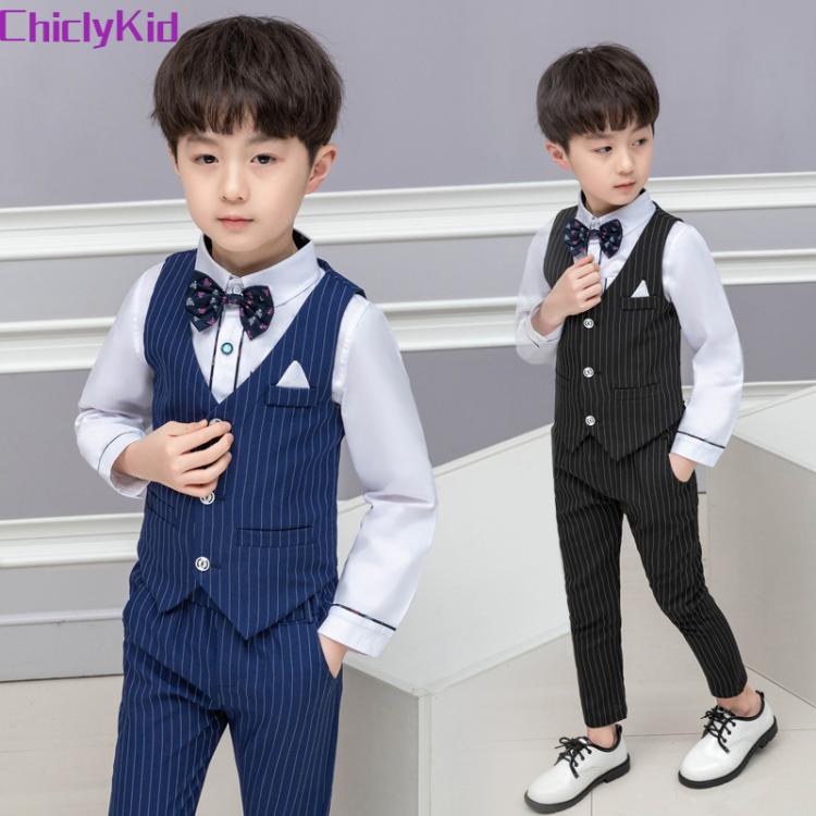 all in one place ילדים ותינוקות Boy Striped Top Ring Bearer Waistcoat Clothes Sets Kids Formal Suits Child Tie Long Sleeve Shirt Vest Trousers Toddler Outfits