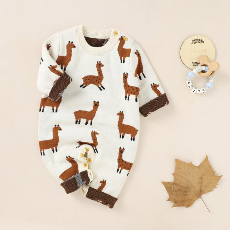 all in one place ילדים ותינוקות Infant Boy Girl Knit Long Sleeve Romper, Cartoon Deer Pattern Buttons Ribbed Closure Spring Autumn Clothing