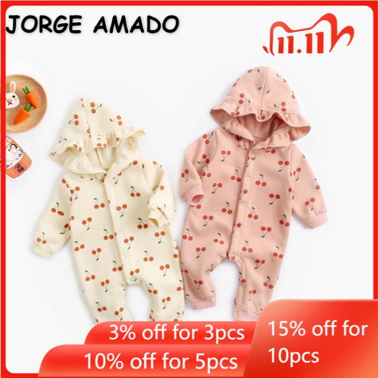 all in one place ילדים ותינוקות 2021 Korean Style Winter Baby Girls Romper Pink Apricot Cherry Long Sleeves Hooded Thick Jumpsuit Newborn Fleece Clothes E8178