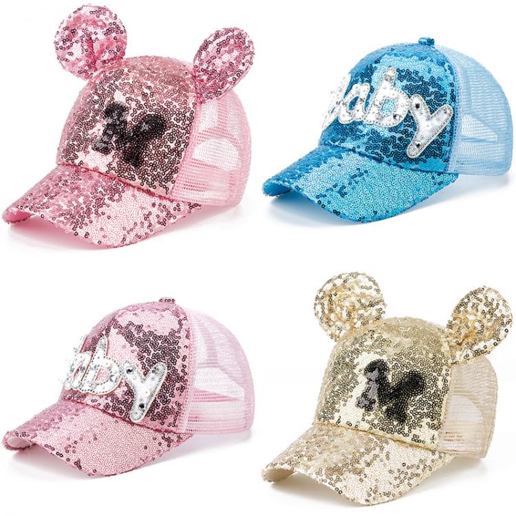 all in one place ילדים ותינוקות 3-9 Yrs New Summer Autumn Baby Girl Hat Girls Baseball Cap Sequin Mesh Cartoon Cute Ears Adjustable Kids Caps Sun Hats