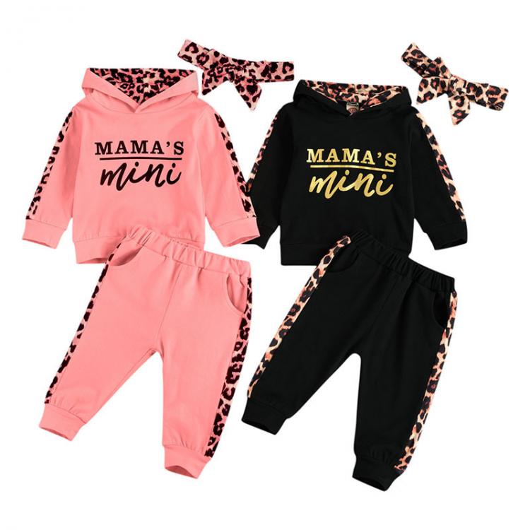 all in one place ילדים ותינוקות 3Pcs Autumn Newborn Baby's Clothes Girl Long-sleeved Trousers Suit Letter Hooded T-shirt Leopard Stitching Long Pants Headban