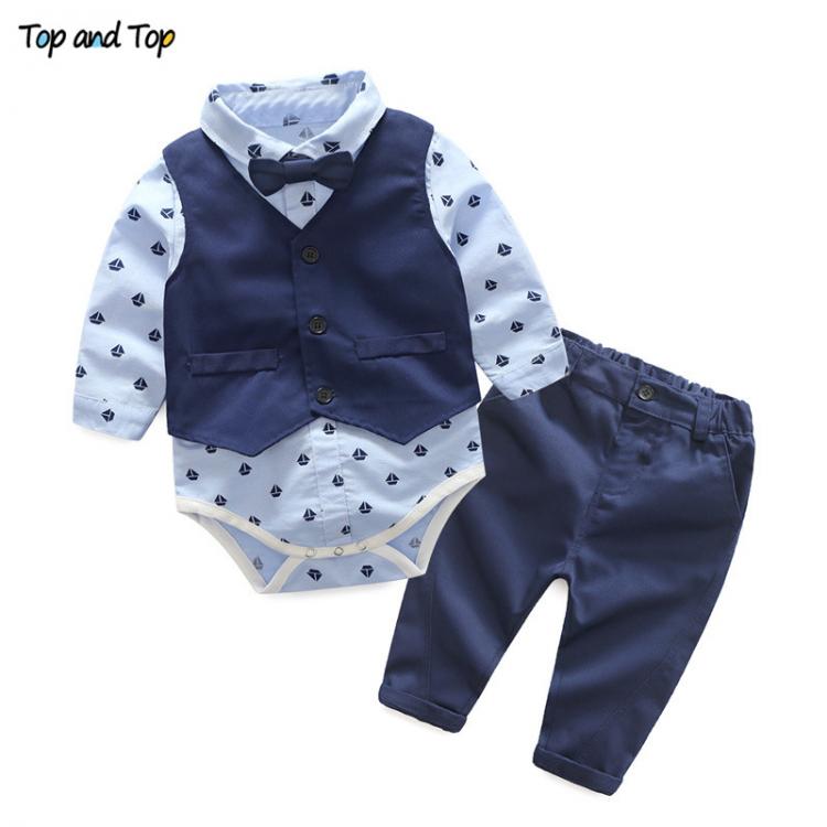 all in one place ילדים ותינוקות Top and Top Autumn Fashion infant clothing Baby Suit Baby Boys Clothes Gentleman Bow Tie Rompers + Vest + pants Baby Set