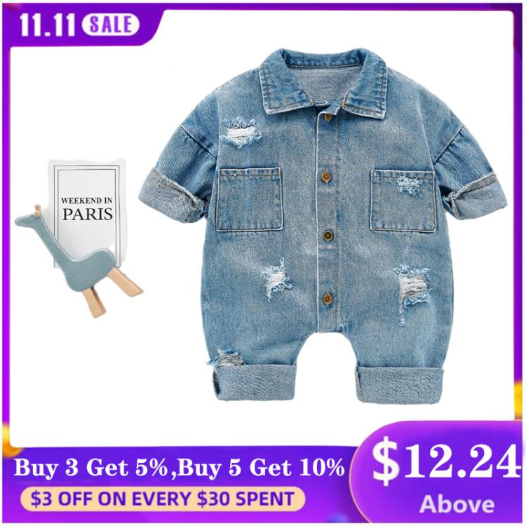 all in one place ילדים ותינוקות Spring Autumn Newborn Boys Girls Cowboy Broken Hole Jumpsuits Clothes Baby Boys Girls Long Sleeve Rompers Children Rompers