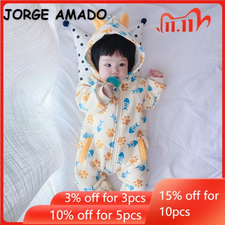 all in one place ילדים ותינוקות 2022 Korean Style New Spring Baby Girls Boys Romper Cartoon Print Long Sleeves Hooded Cotton Jumpsuit Infant Knit Clothes E8631