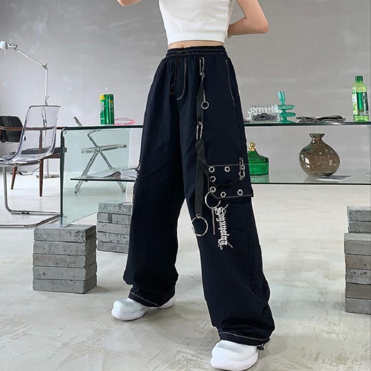 all in one place בגדי נשים QWEEK Gothic Harajuku Black Cargo Pants Women Chain Wide Leg Goth Hippie Streetwear White Trousers Loose Female Baggy Fashion