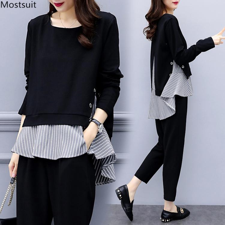 all in one place בגדי נשים Black Two Piece Set Women Striped Splicing Long Sleeve Tops And Harem Pants Sets Casual Office Korean Ladies Suits 2021Hot Sale