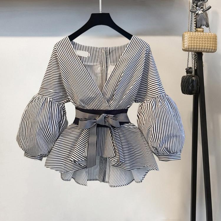 all in one place בגדי נשים Lantern Sleeve Blouse Shirt Women 2021 Fashion Korean Style Summer Bow V-neck Striped Shirt Elegant Ladies Tops Female Clothing