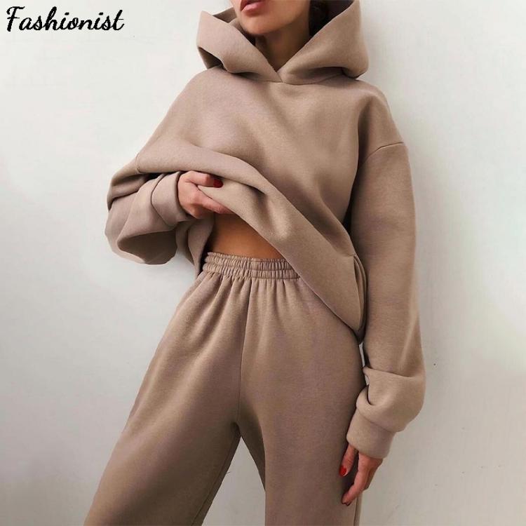 all in one place בגדי נשים Women Elegant Solid Sets For Women Warm Hoodie Sweatshirts And Long Pant Fashion Two Piece Sets Ladies