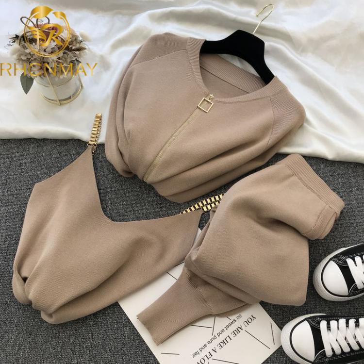 all in one place בגדי נשים Women Zipper Knitted Cardigans Sweaters + Pants Sets + Vest Woman Fashion Jumpers Trousers 2 PCS Costumes Outfit