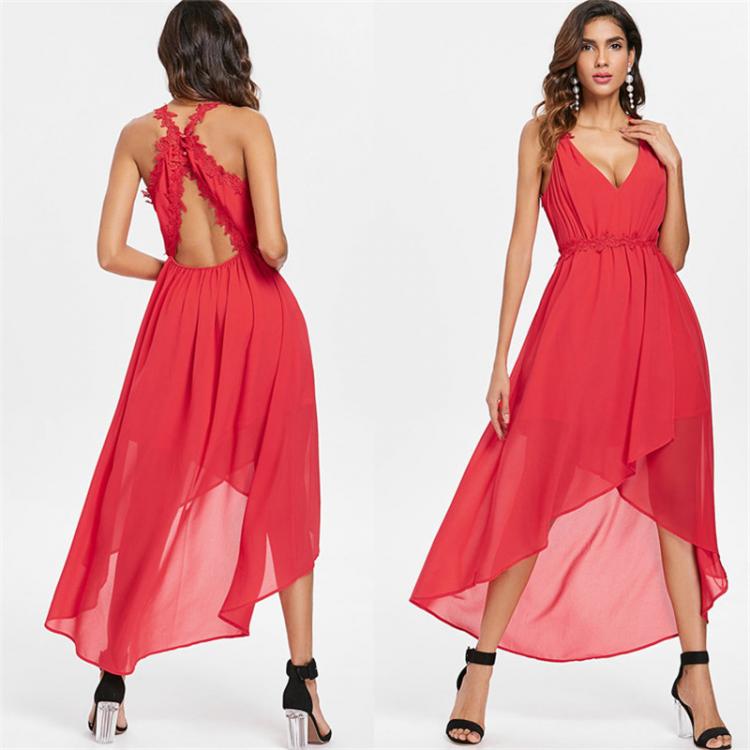 all in one place בגדי נשים New British Style 2021 Beach Dress Sleeveless V-neck Lace Sexy Temperament Suspenders Irregular Backless Chiffon Dress LYQ272