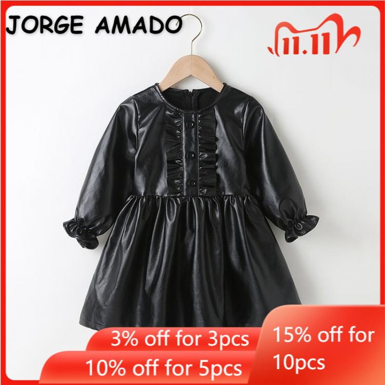 all in one place ילדים ותינוקות 2022 Ins New Spring Kids Girls Dress Long Puff Sleeves Black Pu Leather Clothing Round Collar Vestido Toddler Outwear E3980