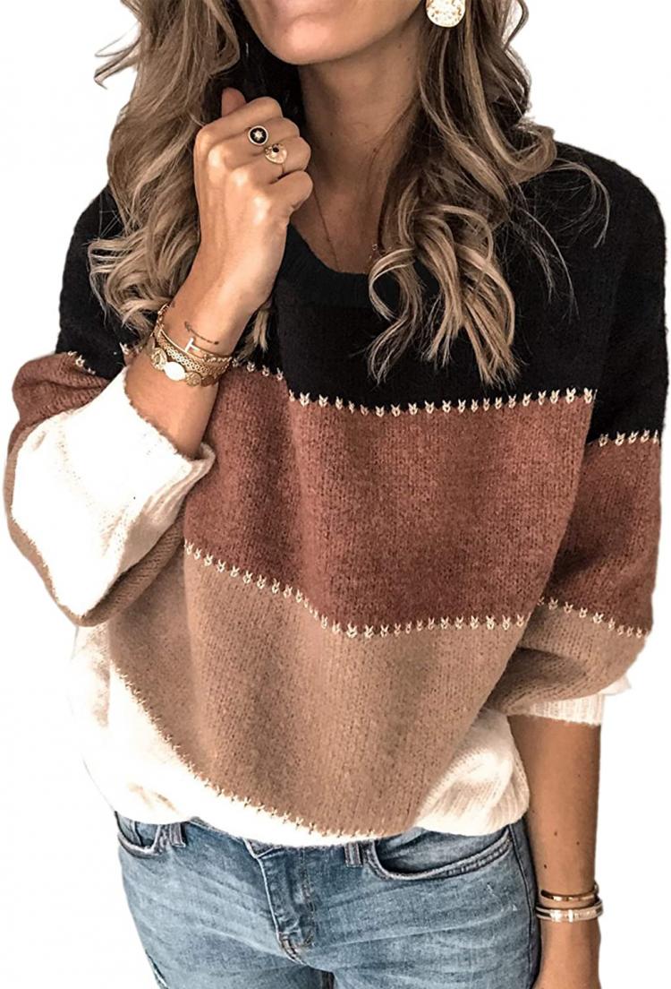 all in one place בגדי נשים Angashion Women's Sweaters Casual Long Sleeve Crewneck Color Block Patchwork Pullover Knit Sweater Tops