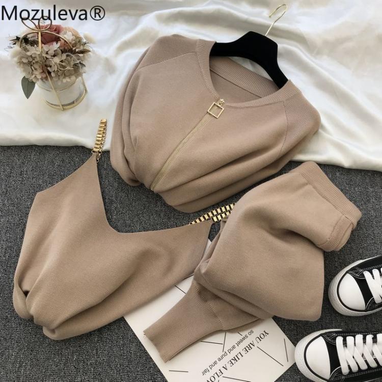 all in one place בגדי נשים mozuleva  Women 2021 Autumn Winter Knitted  Vest Zipper Cardigans Pants 3pcs Sets Tracksuits Outfits