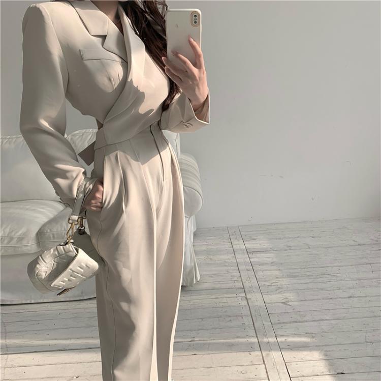 all in one place בגדי נשים Office Lady Blazer Suits Korean Style Two Piece Set Women Long Sleeve Bandage Blazer and High Waist Suit Pant 2 Piece Outfits