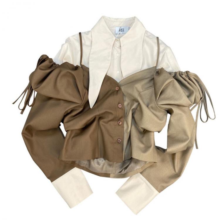 all in one place בגדי נשים [EWQ] Lapel Long Sleeve Splicing Drawstring Bubble Clothing Three-dimensional Design Fake Two Shirts Irregular Blose 2021 Autumn