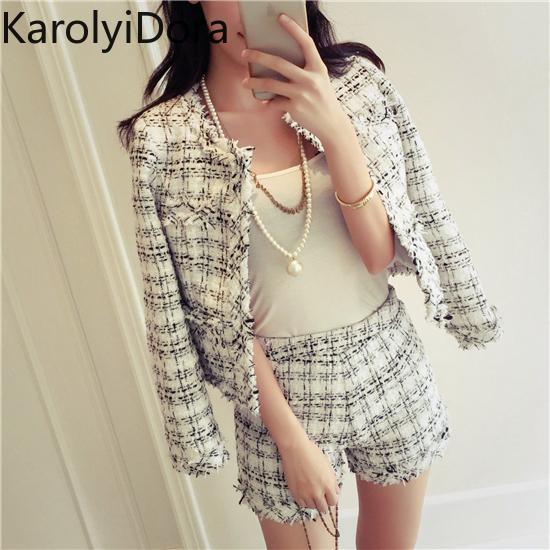 all in one place בגדי נשים Women's suit 2020 autumn Tweed Two Piece Set Women Slim Plaid Short Set Fashion Fringed Trim Jacket Coat + Tassels Short Suit