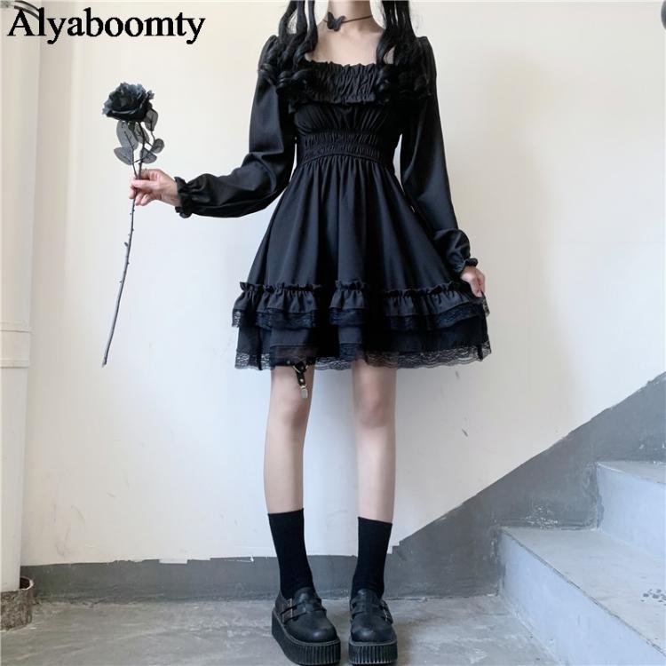 all in one place בגדי נשים Japanese Lolita Style Women Princess Black Mini Dress Slash Neck High Waist Gothic Dress Puff Sleeve Lace Ruffles Party Dresses