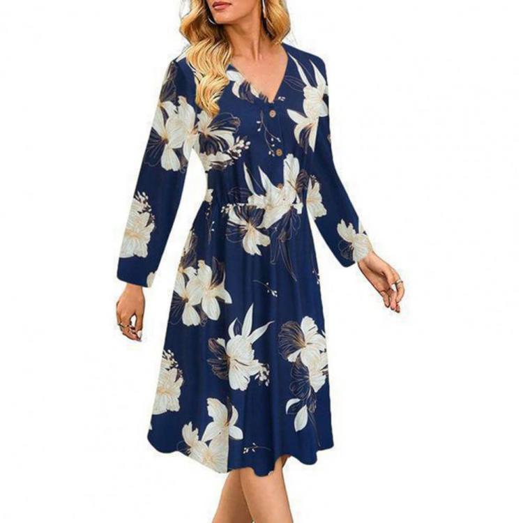all in one place בגדי נשים 2021 New Stylish Women Dress Flower Print V Neck Autumn Temperament Buttons Pleated Waist Large Hem Dress for Wedding